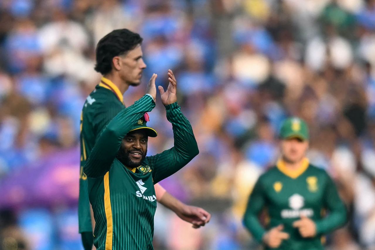 Temba Bavuma and Marco Jansen celebrate Ruturaj Gaikwad's wicket, India vs South Africa, 2nd ODI, Raipur, December 3, 2025