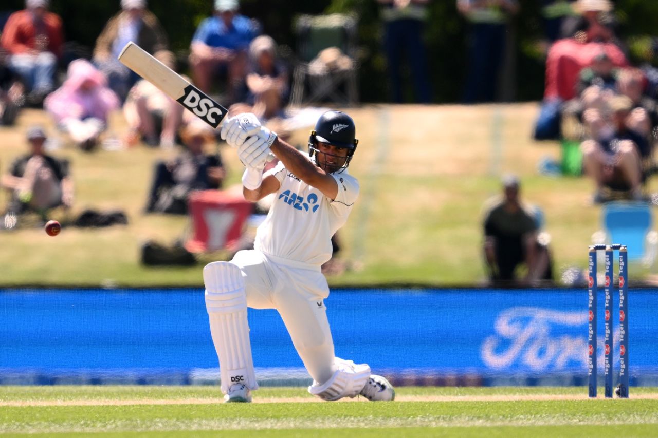 Rachin Ravindra hits one down the ground, New Zealand vs West Indies, 1st Test, Christchurch, 3rd day, December 4, 2025