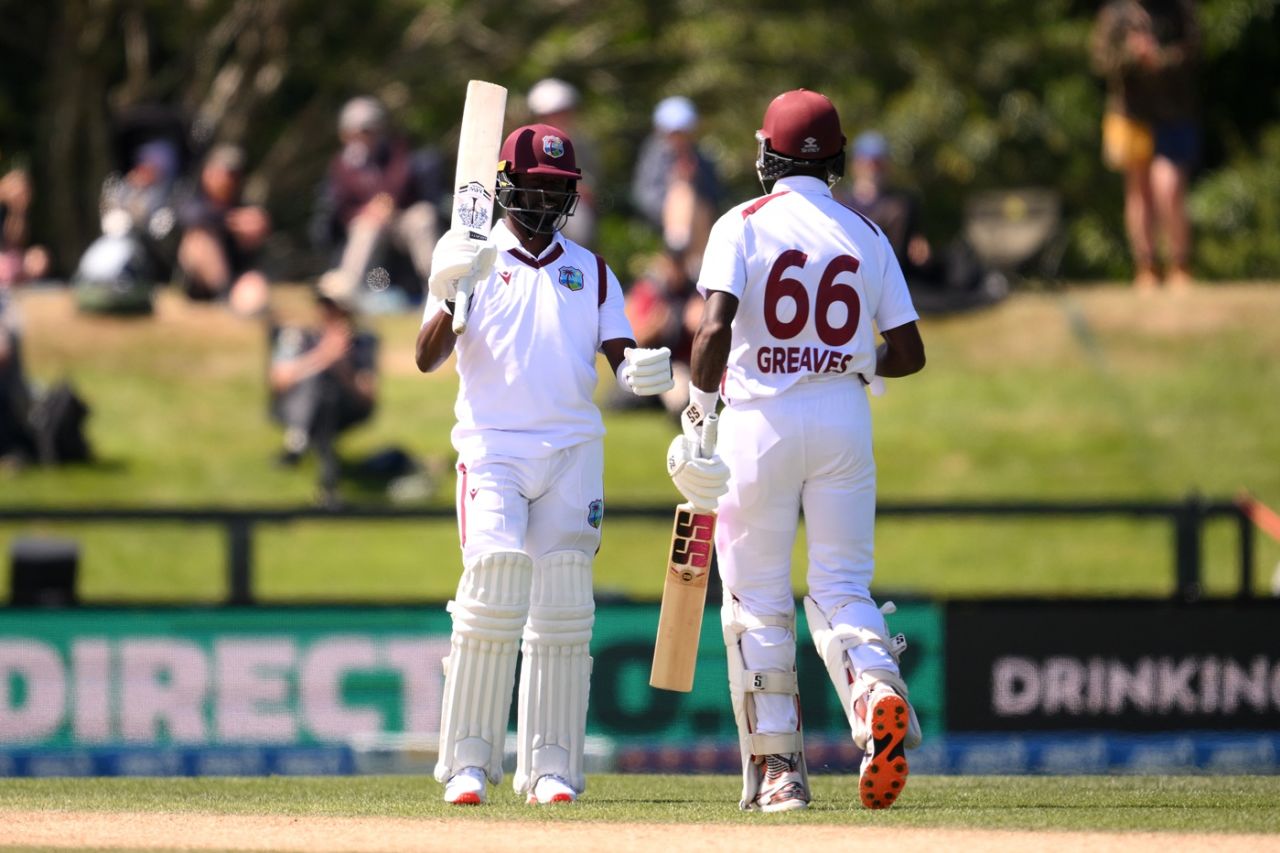 Justin Greaves congratulates Kemar Roach after he reached his fifty, New Zealand vs West Indies, 1st Test, Christchurch, 5th day, December 6, 2025