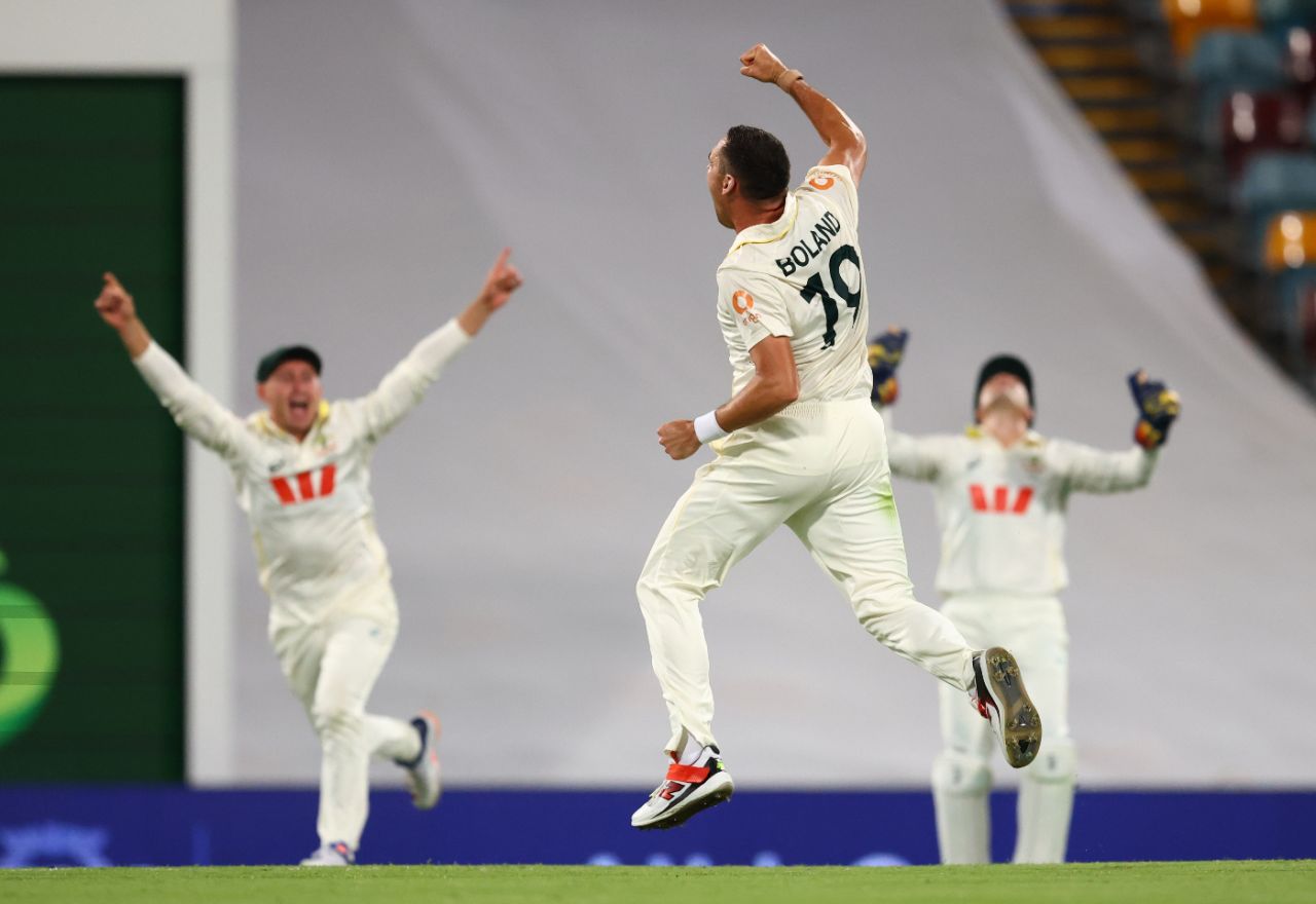 Scott Boland leaps in celebration as Harry Brook joins the collapse, Australia vs England, 2nd Test, Brisbane, 3rd day, December 6, 2025