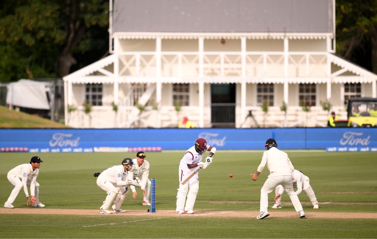 Kemar Roach defends, like he did numerous times in his 233-ball stay, New Zealand vs West Indies, 1st Test, Christchurch, 5th day, December 6, 2025