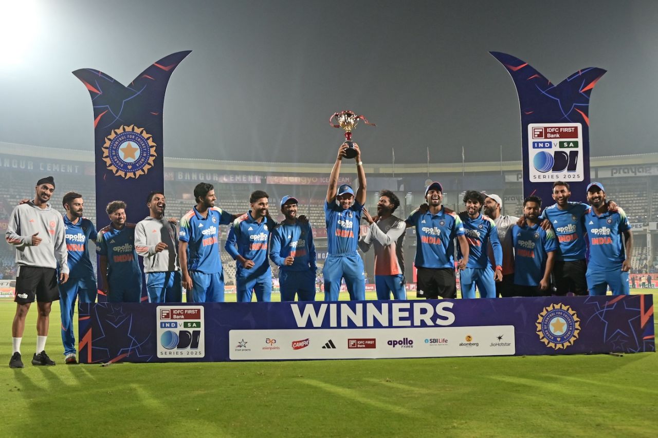 Yashasvi Jaiswal holds aloft the trophy as the team celebrates, India vs South Africa, 3rd ODI, Visakhapatnam, December 6, 2025
