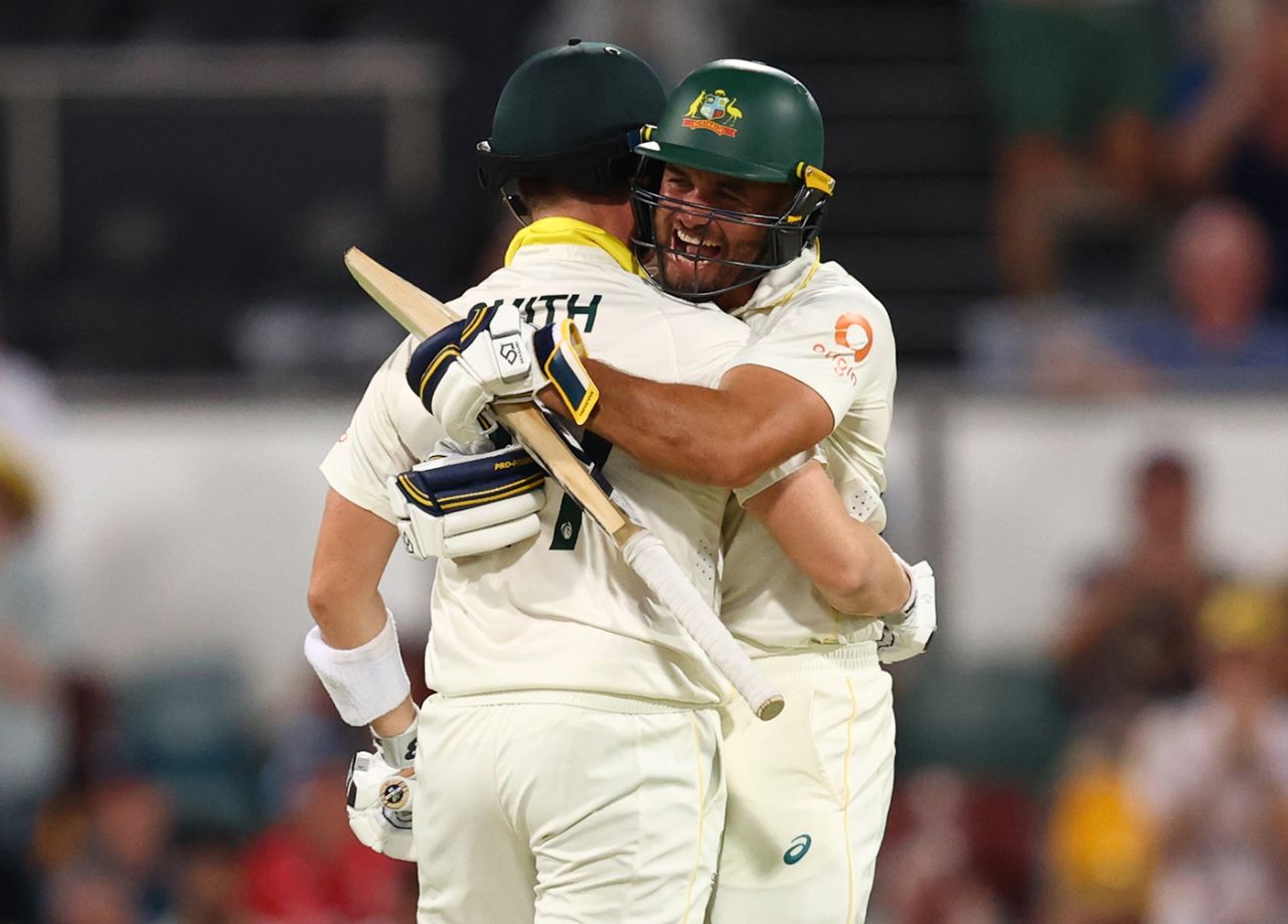 Jake Weatherald embraces Steven Smith after Australia's win, Australia vs England, 2nd Test, Brisbane, 4th day, December 7, 2025