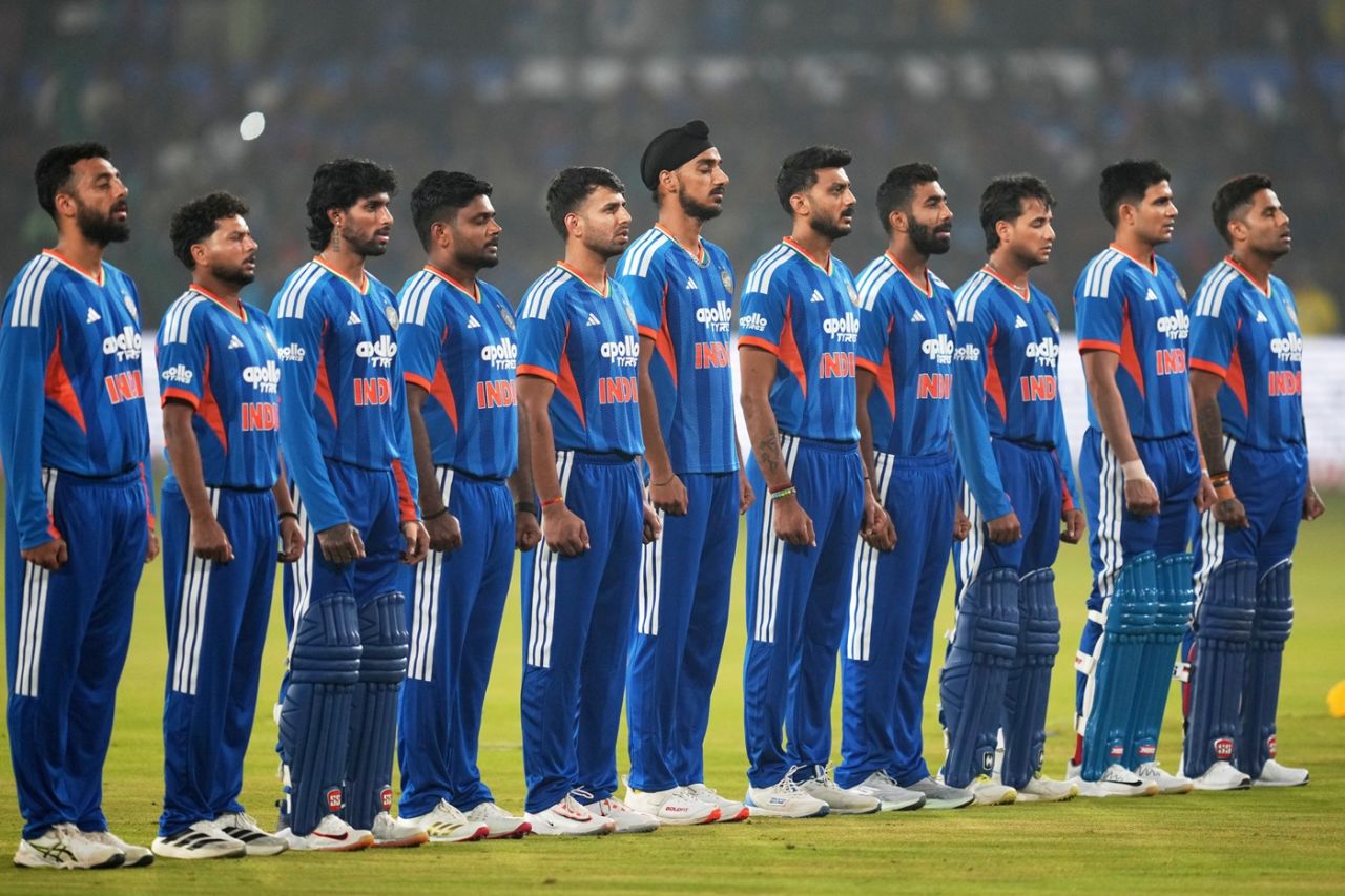 India, in their new T20I jersey, line up for the anthem, India vs South Africa, 1st T20I, Cuttack, December 9, 2025