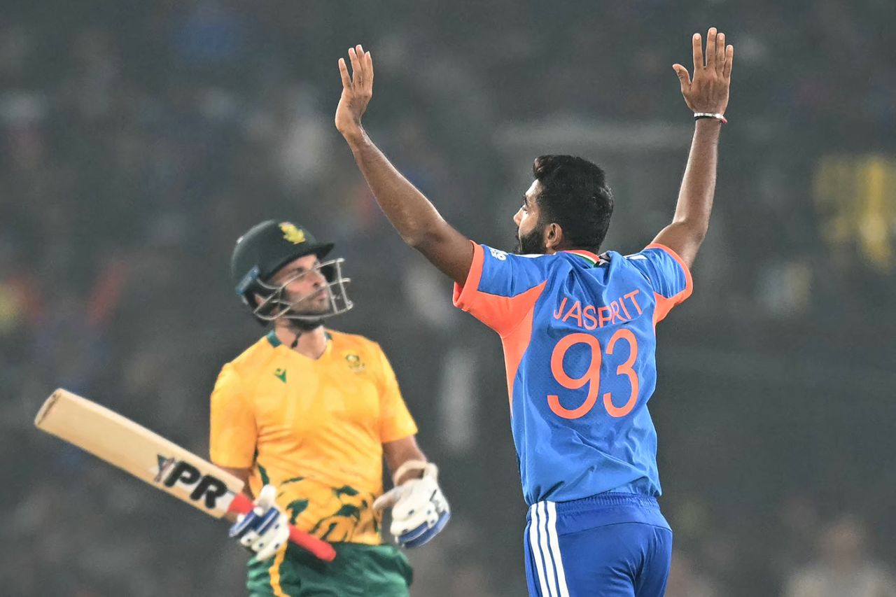 Jasprit Bumrah celebrates his second wicket of the over, India vs South Africa, 1st T20I, Cuttack, December 9, 2025