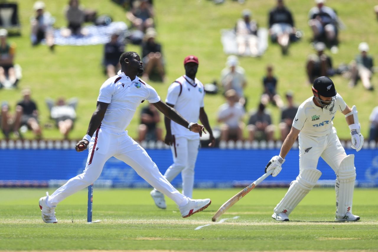 Jayden Seales delivers a ball in the first session of the second day, New Zealand vs West Indies, 2nd Test, Wellington, 2nd day, December 11, 2025
