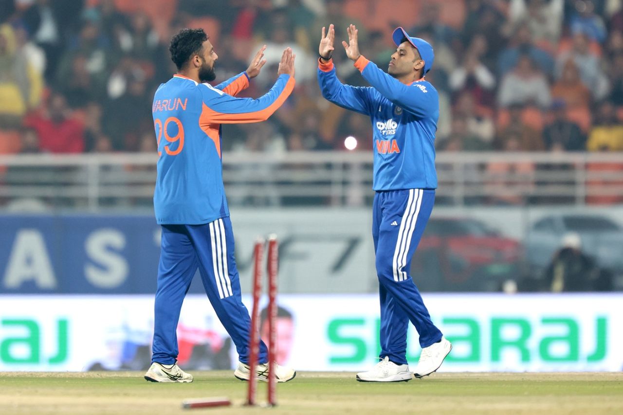 Varun Chakravarthy and Suryakumar Yadav celebrate the first breakthrough, India vs South Africa, 2nd T20I, New Chandigarh, December 11, 2025