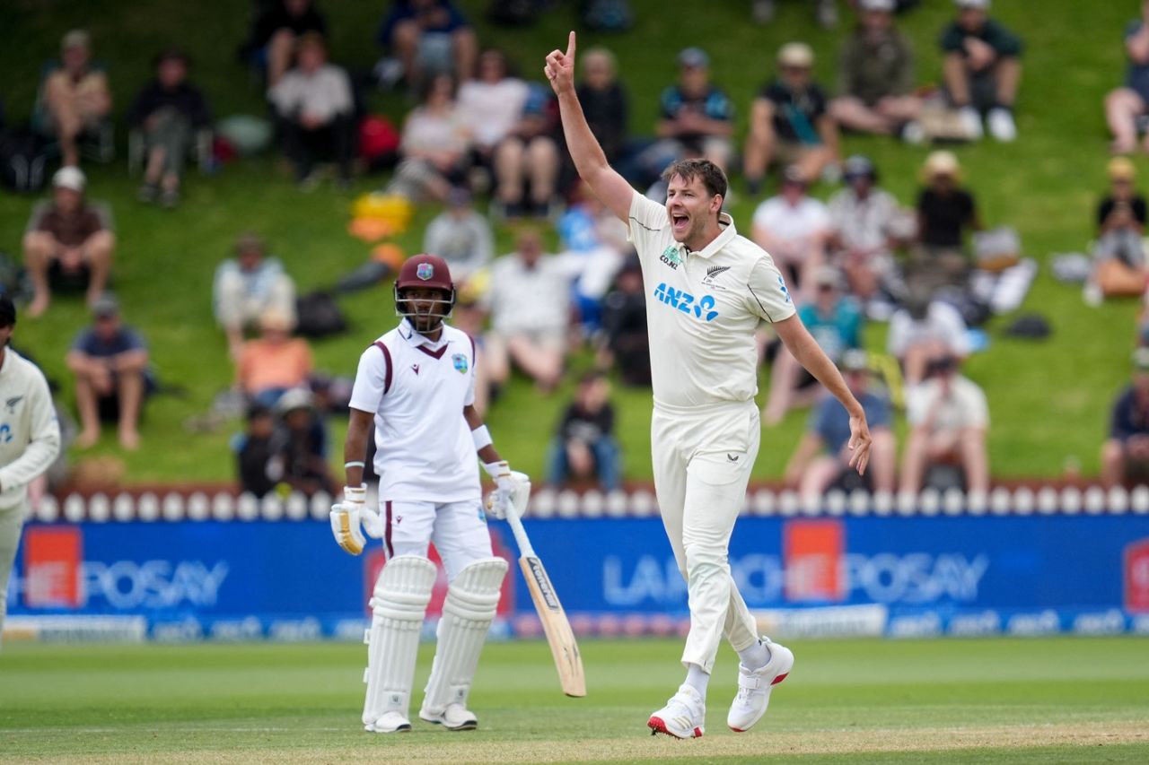 Jacob Duffy celebrates the wicket of Roston Chase, New Zealand vs West Indies, 2nd Test, Wellington, 3rd day, December 12, 2025