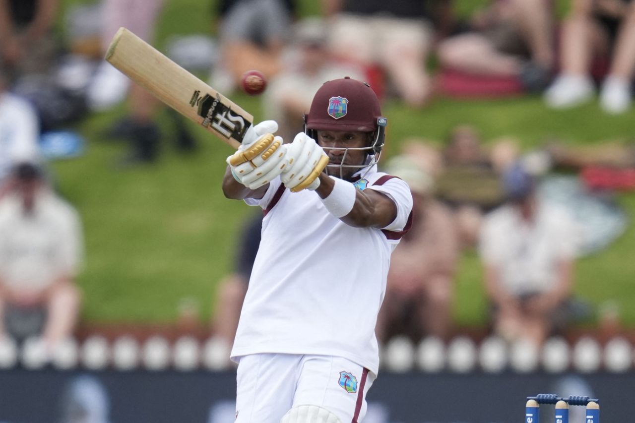 Kavem Hodge goes for the pull, New Zealand vs West Indies, 2nd Test, Wellington, 3rd day, December 12, 2025