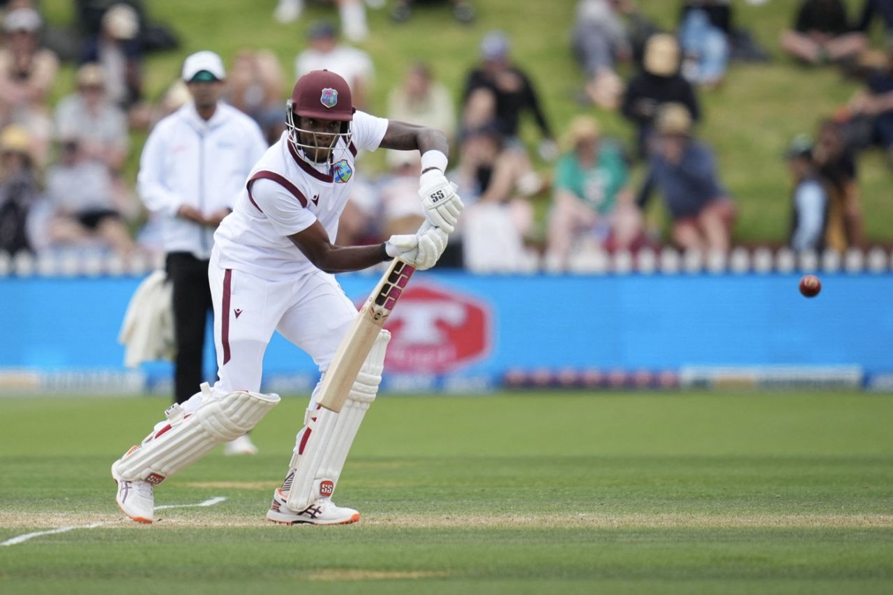 Justin Greaves taps the ball into the off side, New Zealand vs West Indies, 2nd Test, Wellington, 3rd day, December 12, 2025