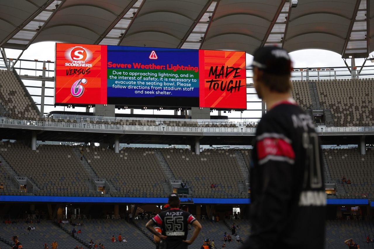 Lightning and rain delayed the start of the BBL opener, Perth Scorchers vs Sydney Sixers, BBL 2025-26, Perth, December 14, 2025