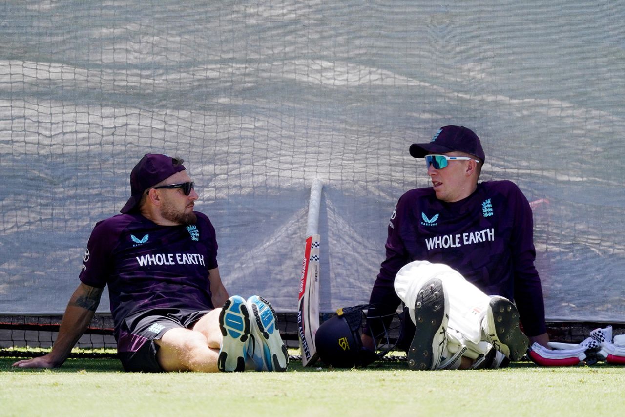 Brendon McCullum chats with Zak Crawley during England training, Adelaide, December 16, 2025