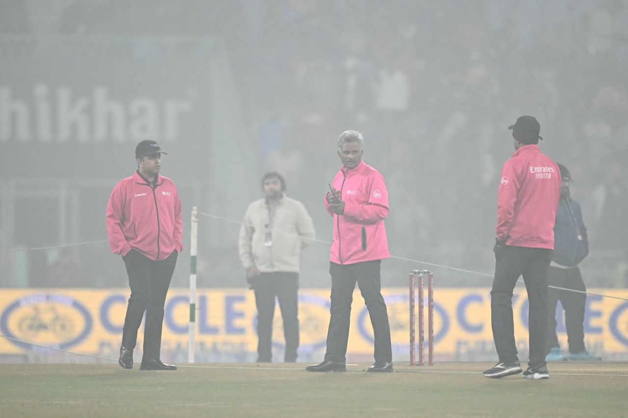 Umpires inspect visibility and ground conditions in Lucknow, India vs South Africa, 4th T20I, Lucknow, December 17, 2025