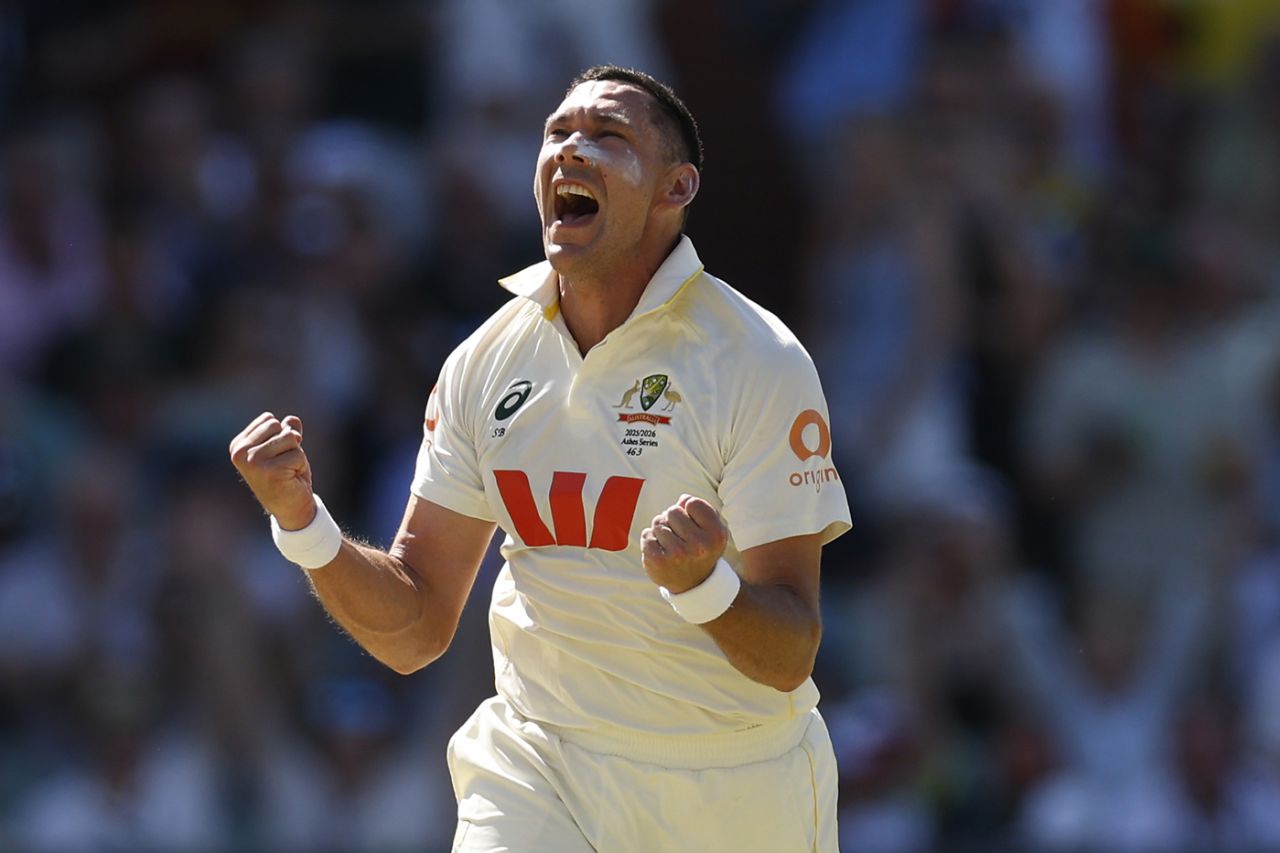 Scott Boland celebrates taking the wicket of Brydon Carse, Australia vs England, 3rd Test, Adelaide, December 18, 2025