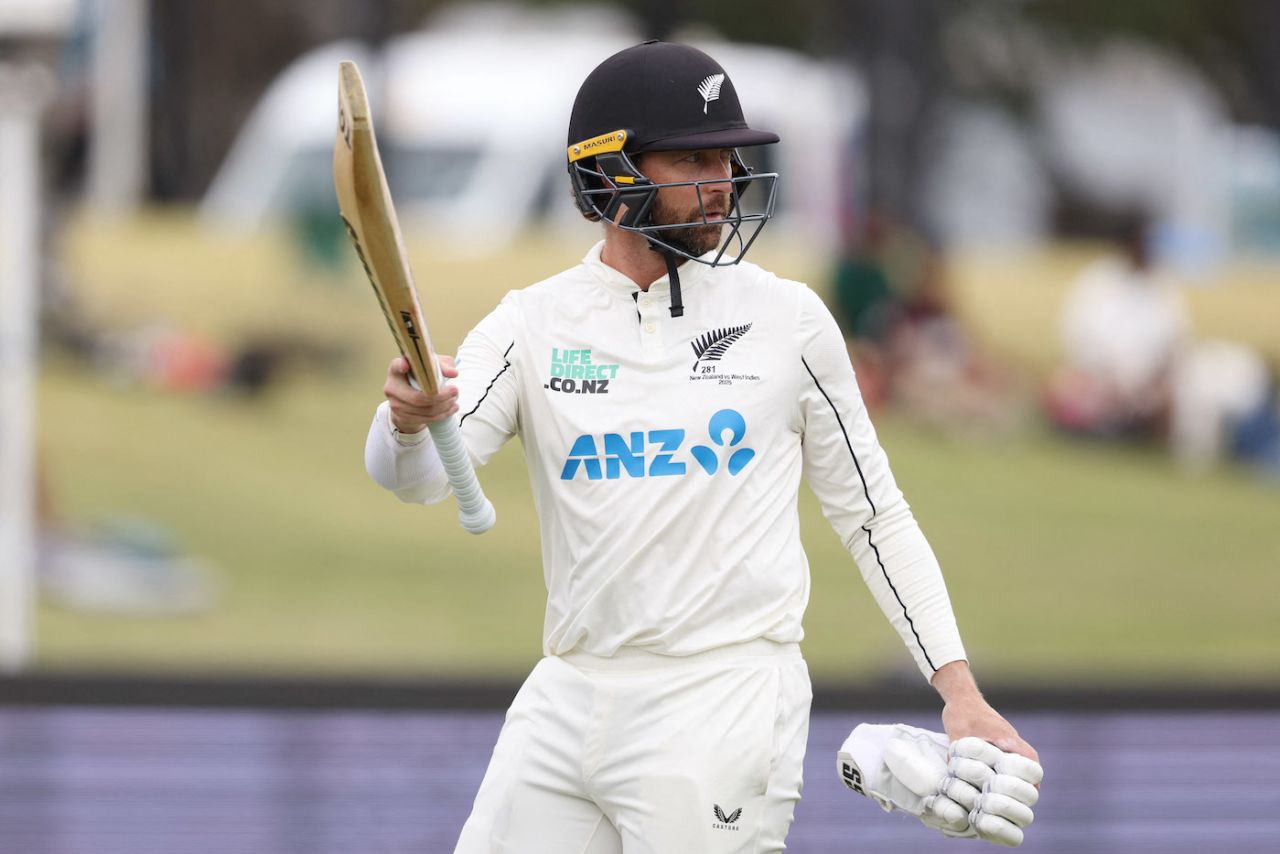 Devon Conway walks back after making 227, New Zealand vs West Indies, 3rd Test, Mount Maunganui, 2nd day, December 19, 2025