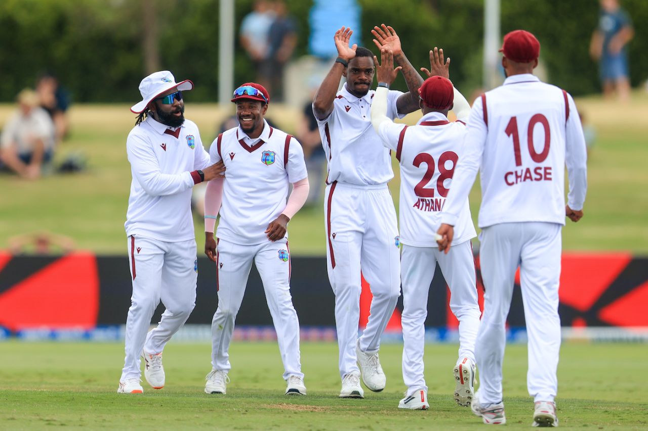 Justin Greaves celebrates Kane Williamson's wicket, New Zealand vs West Indies, 3rd Test, Mount Maunganui, 2nd day, December 19, 2025