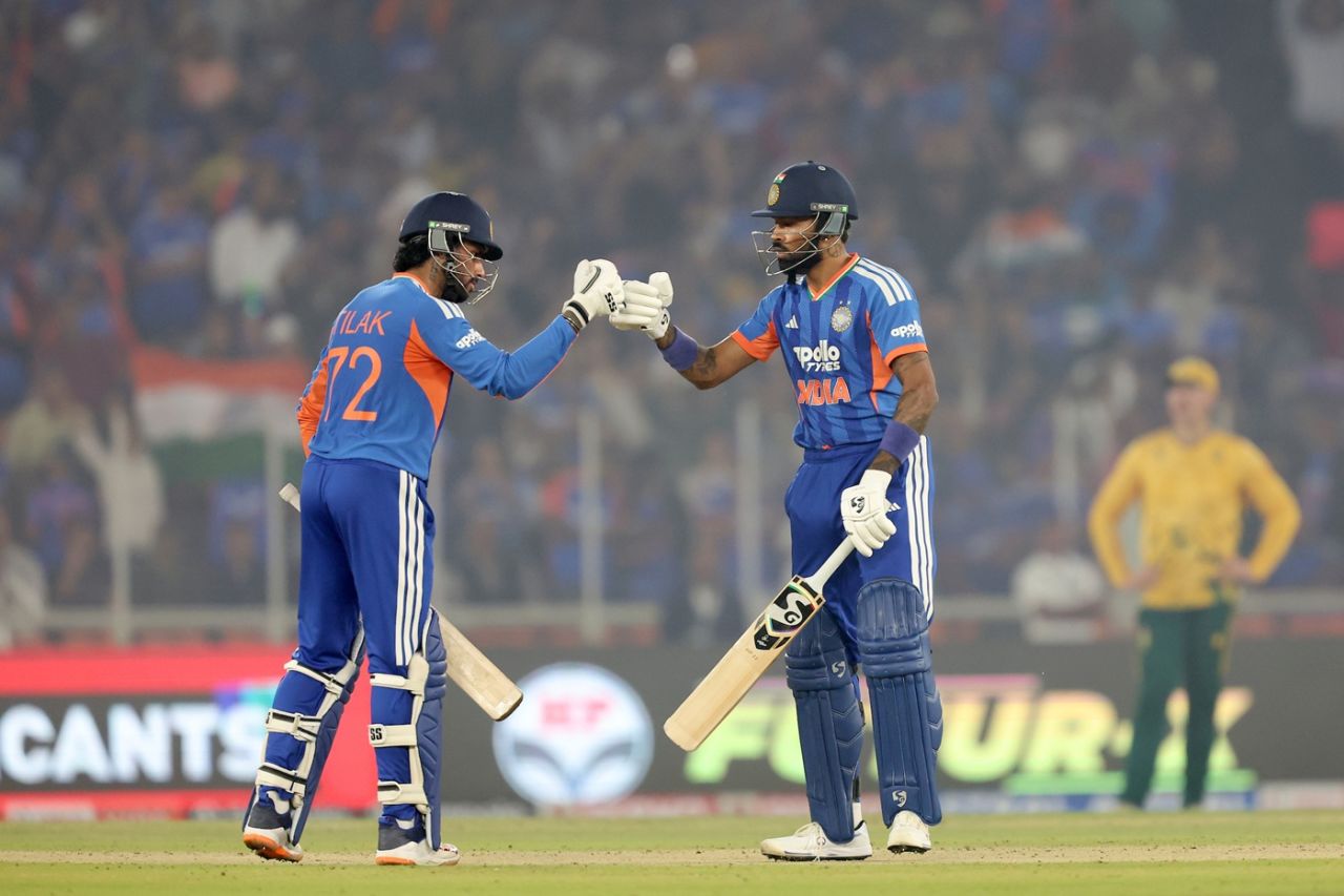 Tilak Varma and Hardik Pandya put on a 105-run partnership, India vs South Africa, 5th T20I, Ahmedabad, December 19, 2025