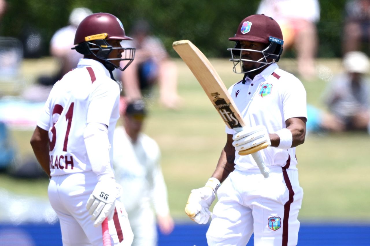 Kavem Hodge celebrates his half-century with Tevin Imlach, New Zealand vs West Indies, 3rd Test, Mount Maunganui, 3rd day, December 20, 2025