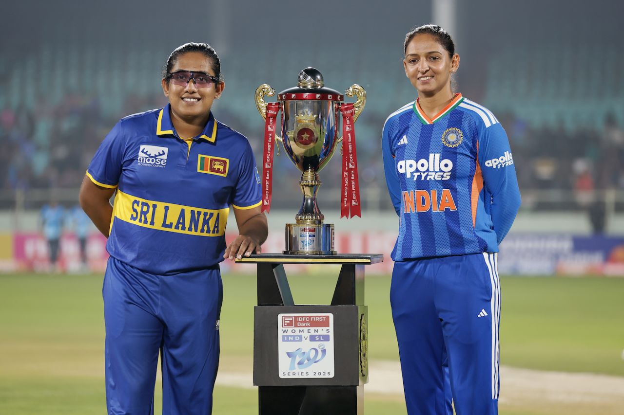 Chamari Athapaththu and Harmanpreet Kaur pose with the series trophy, India vs Sri Lanka, 1st T20I, Visakhapatnam, December 21, 2025