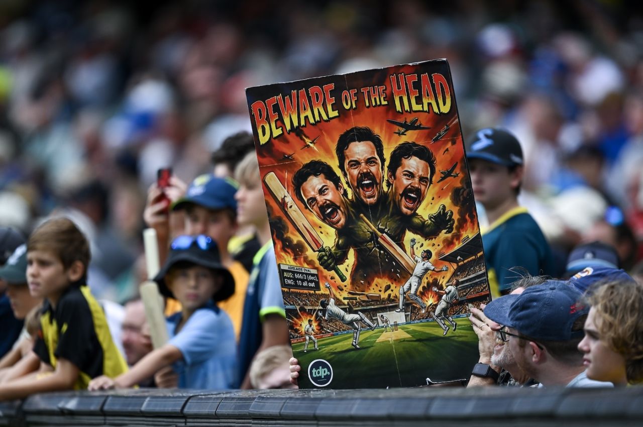 A poster in the stands celebrates Travis Head, Australia vs England, 3rd Test, Adelaide, 5th day, December 21, 2025