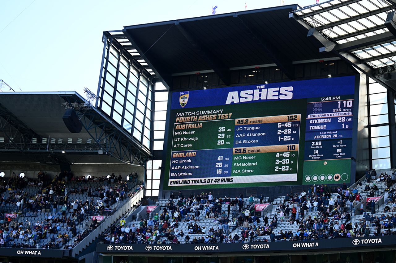 The scoreboard tells the tale at the MCG, Australia vs England, 4th Test, Melbourne, 1st day, December 26, 2025