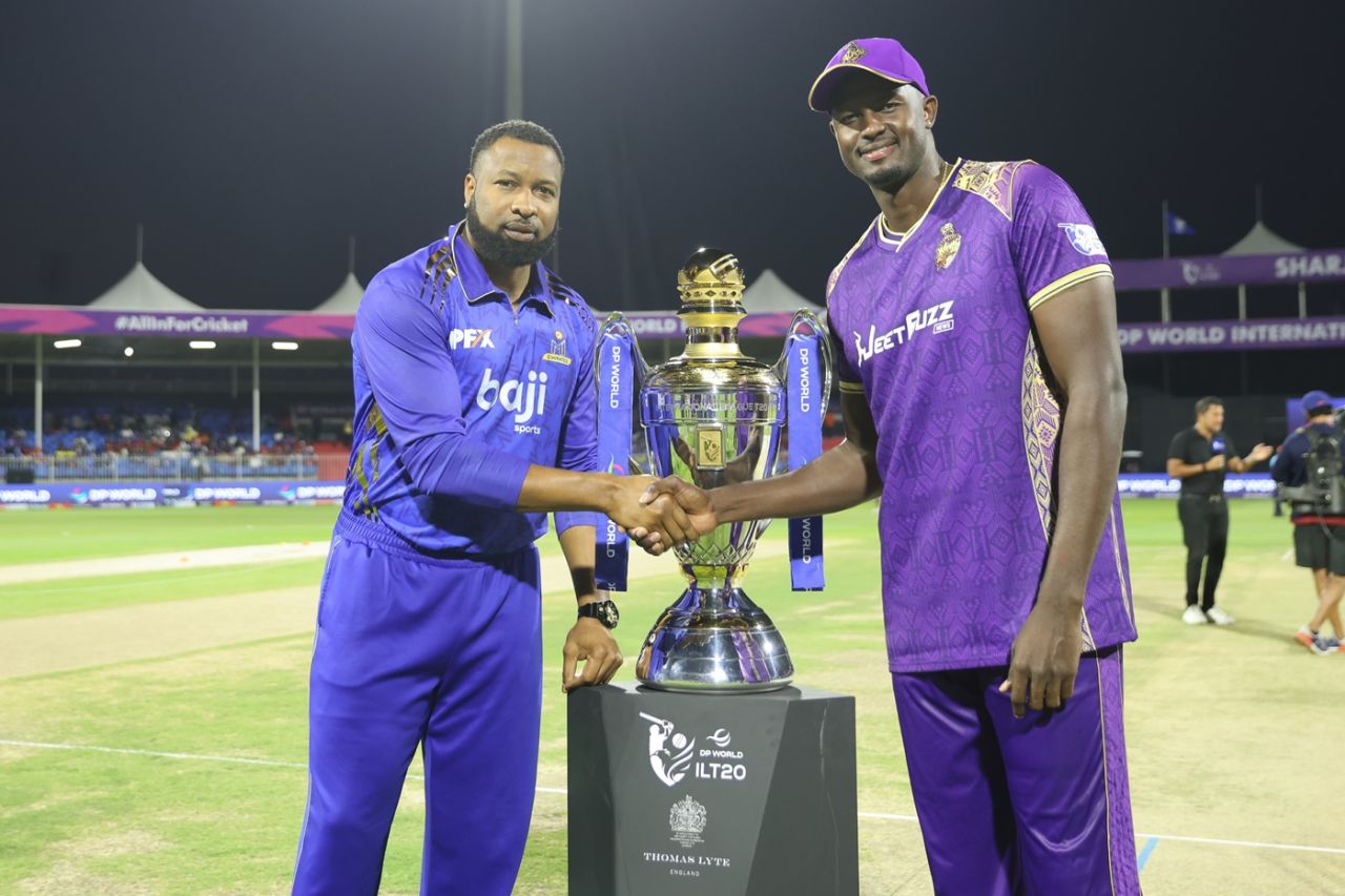 Jason Holder and Kieron Pollard pose for a photo, Abu Dhabi Knight Riders vs MI Emirates, ILT20, Sharjah, January 2, 2026