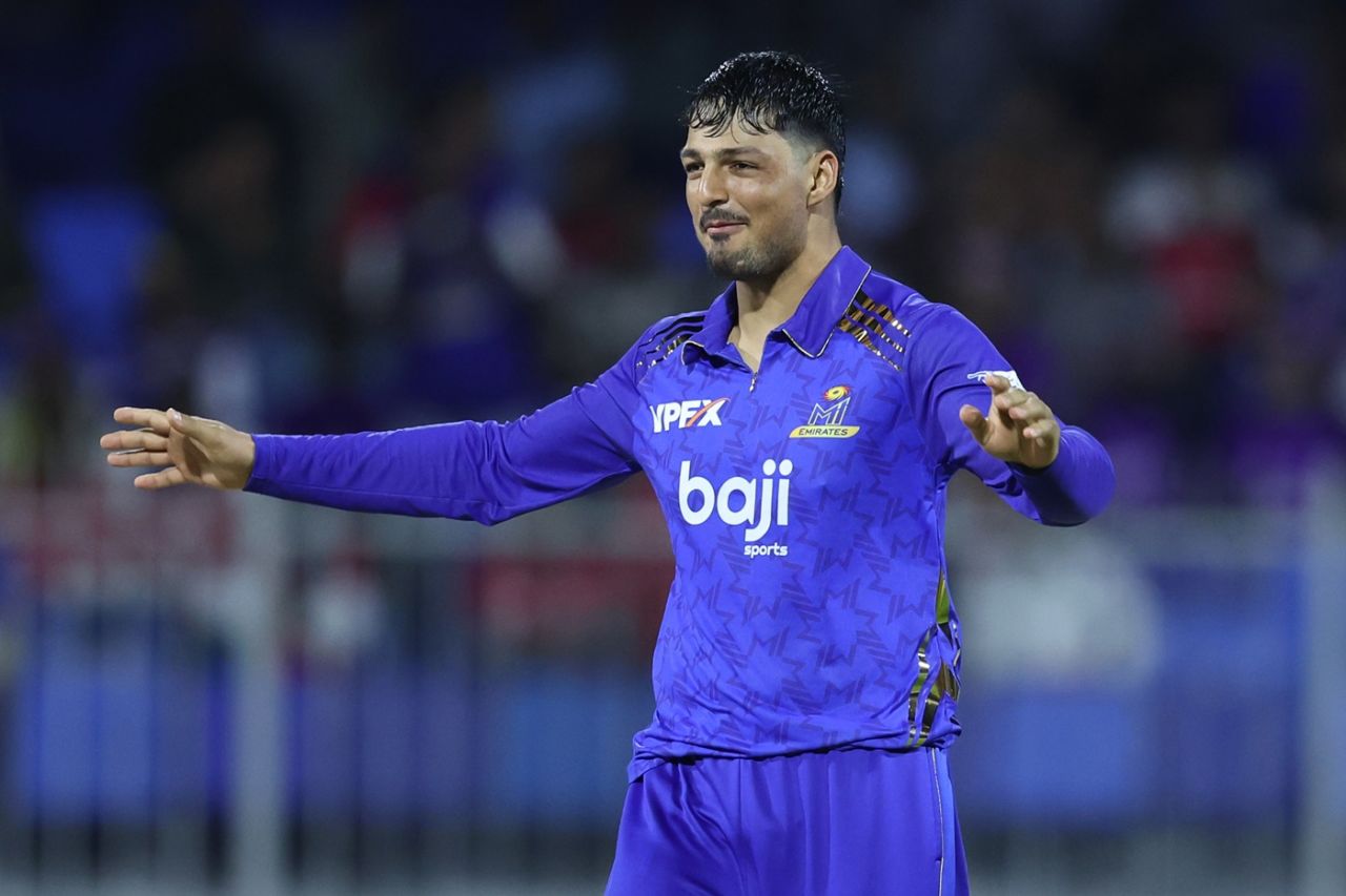 AM Ghazanfar picked up three wickets to leave Abu Dhabi Knight Riders in a hole, Abu Dhabi Knight Riders vs MI Emirates, ILT20, Sharjah, January 2, 2026