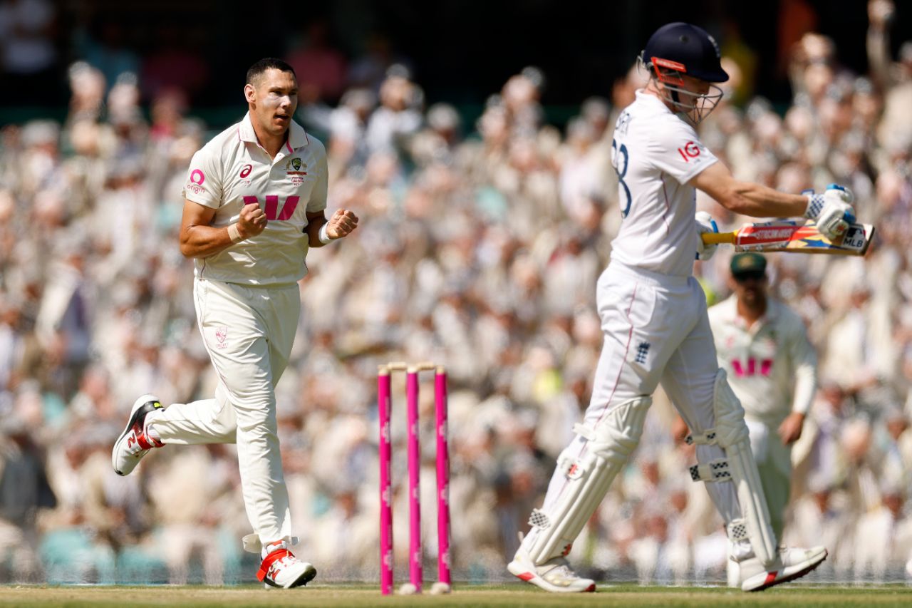 Scott Boland celebrates the wicket of Harry Brook on the second morning, Australia vs England, 5th Test, Sydney, January 5, 2025