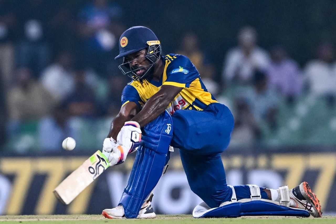 Janith Liyanage plays a sweep, Sri Lanka vs Pakistan, 1st T20I, Dambulla, January 7, 2026