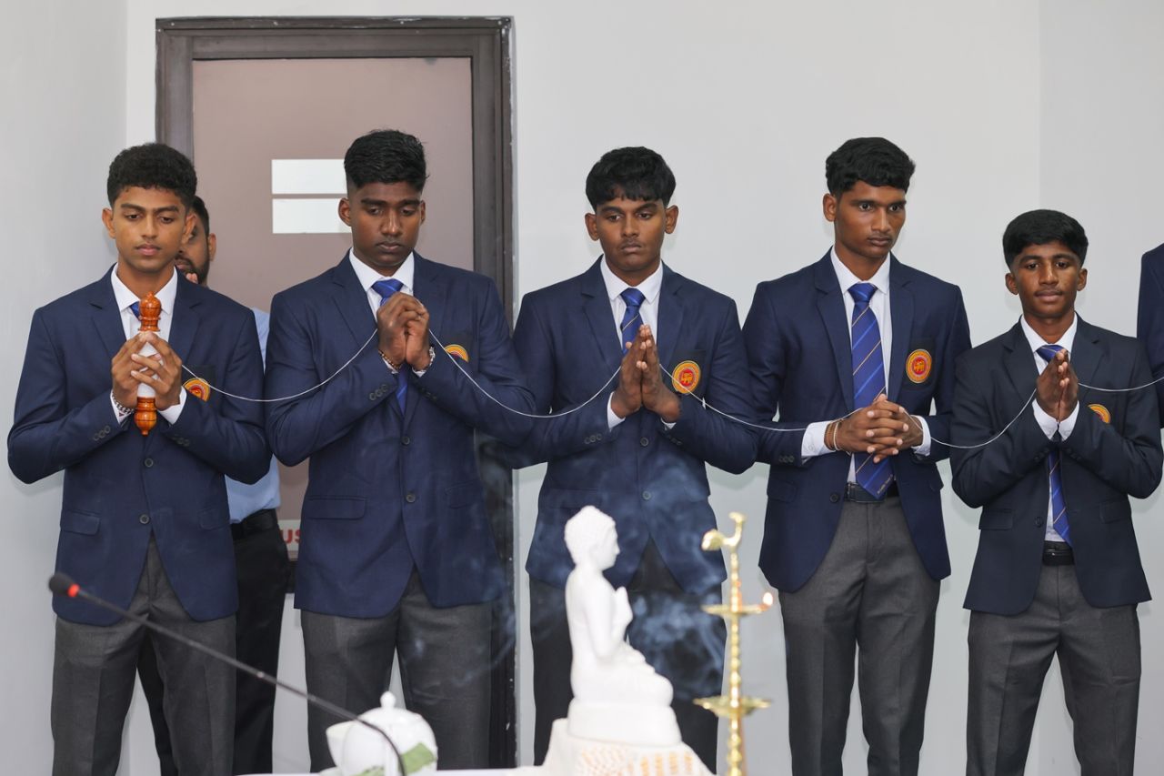 Sri Lanka's Vimath Dinsara, Kavija Gamage, Senuja Wekunagoda, Kugathas Mathulan and Vigneshwaran Akash before departing for the Under-19 World Cup, Colombo, January 1, 2026