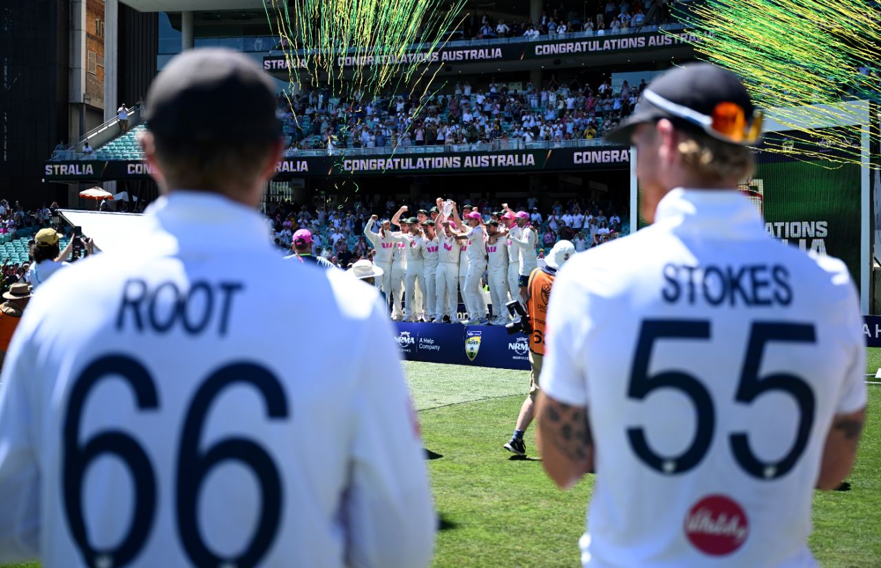 Ben Stokes and Joe Root look on as Australia's celebrations begin, Australia vs England, 5th Test, Sydney, January 8, 2025