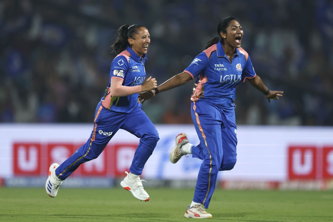Shabnim Ismail, S Sajana wheel away in celebration, Mumbai Indians vs Delhi Capitals, WPL 2026, Mumbai, January 10, 2026
