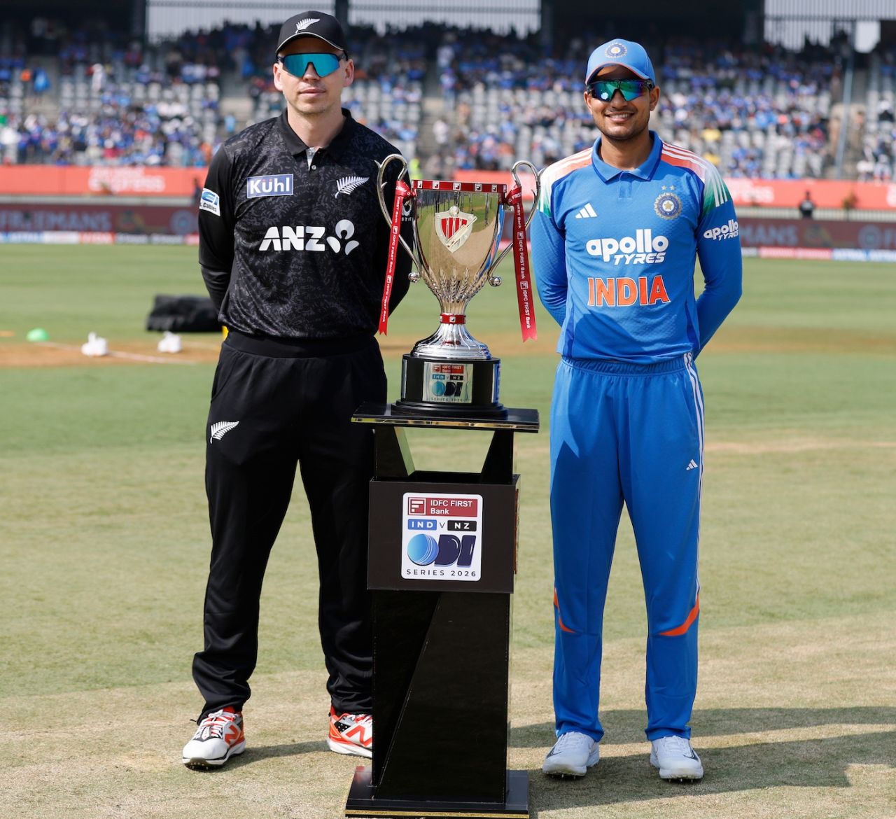 Michael Bracewell and Shubman Gill pose with the series trophy, India vs New Zealand, 1st ODI, Vadodara, January 11, 2026