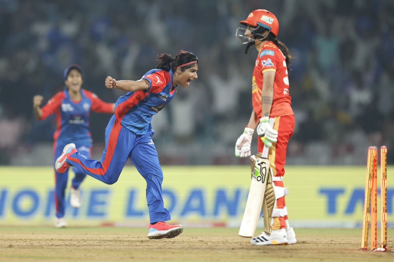 Nandani Sharma takes off after taking a hat-trick, Delhi Capitals vs Gujarat Giants, WPL 2026, Mumbai, January 11, 2026