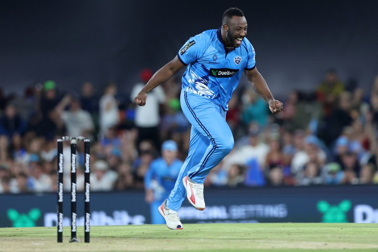 Andre Russell wheels away in celebration, Pretoria Capitals vs MI Cape Town, SA20, Centurion, January 12, 2026