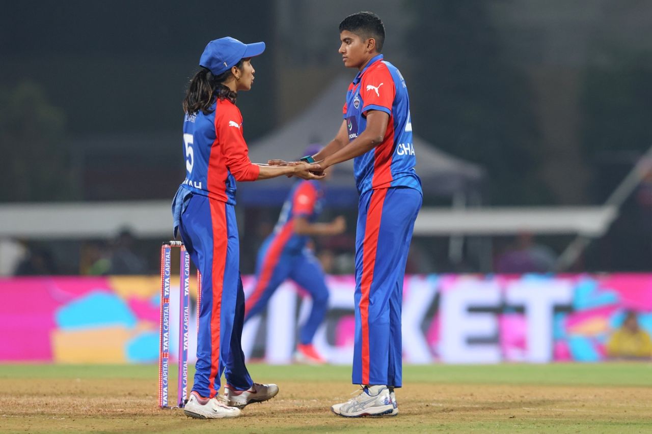 Jemimah Rodrigues and N Shree Charani celebrate Chloe Tryon's fall, UP Warriorz vs Delhi Capitals, WPL, Navi Mumbai, January 14, 2026