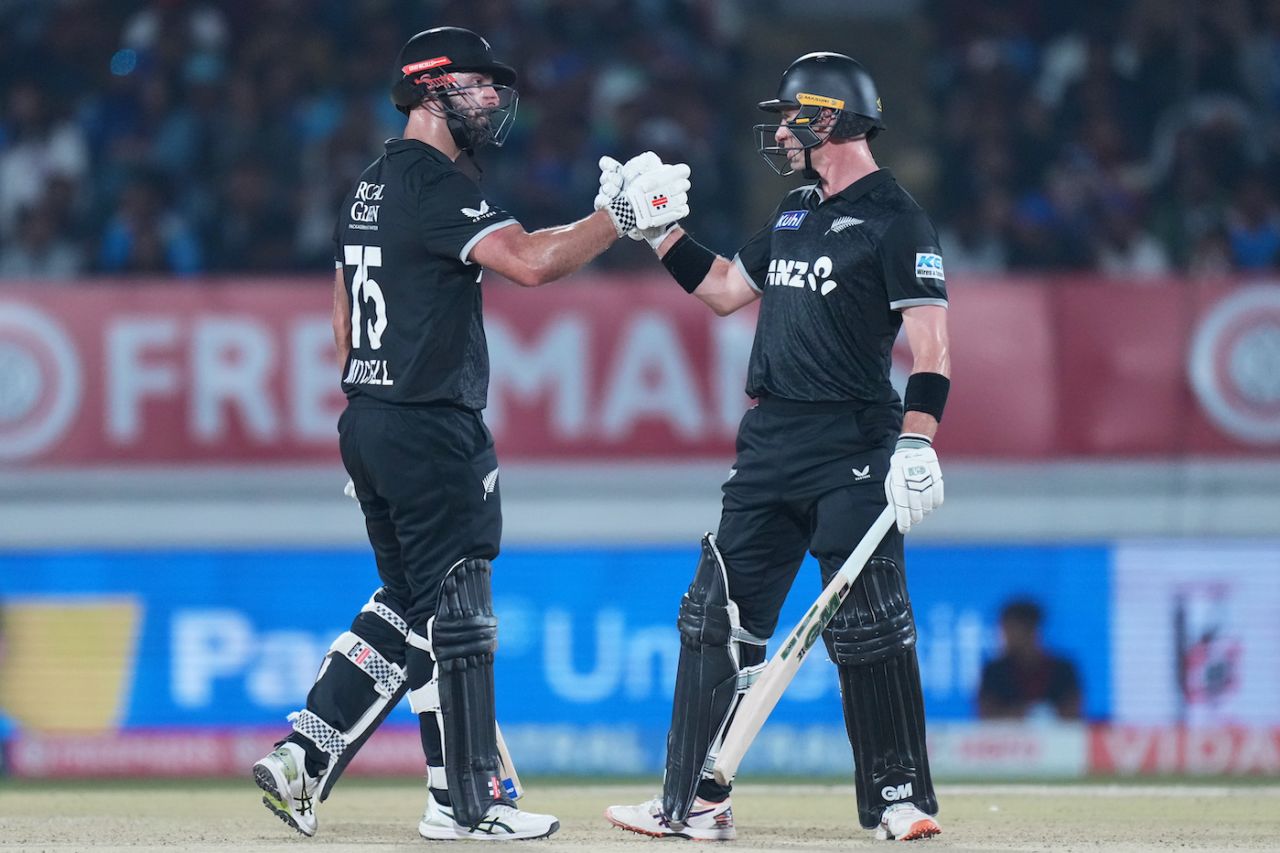Daryl Mitchell and Will Young shake hands during their 162-run stand, India vs New Zealand, 2nd ODI, Rajkot, January 14, 2026