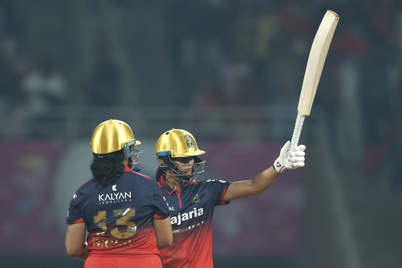 Radha Yadav celebrates her maiden WPL fifty, Gujarat Giants vs Royal Challengers Bengaluru, WPL, Navi Mumbai, January 16, 2026