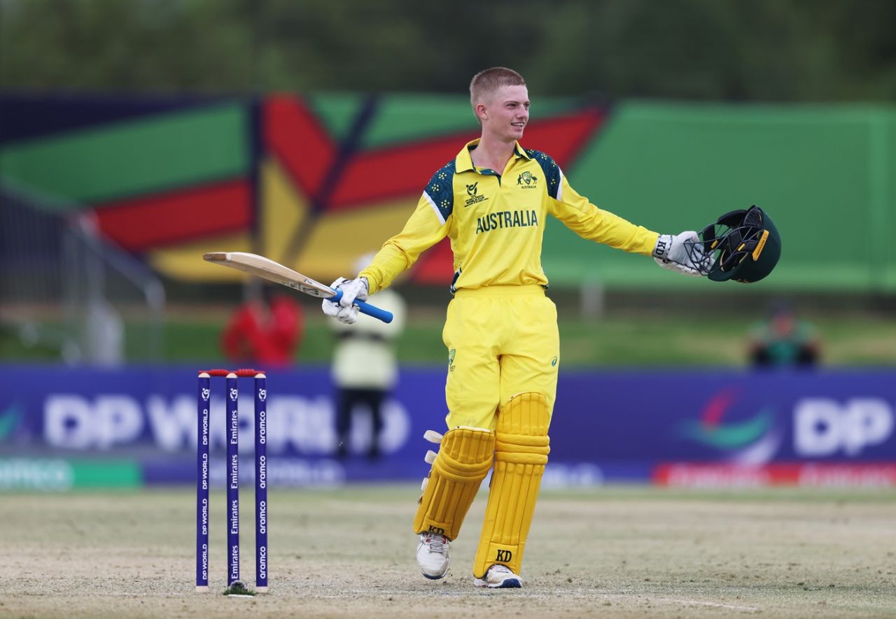 Steven Hogan celebrates his century, Australia vs Ireland, Under-19 World Cup, Windhoek, January 16, 2026