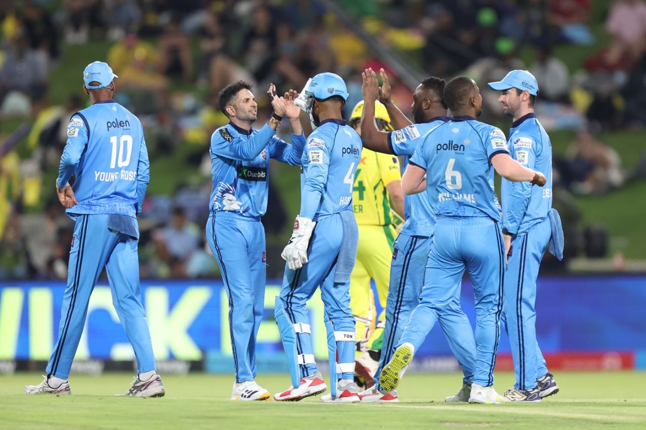 Keshav Maharaj returned figures of 3 for 13 against Joburg Super Kings, Joburg Super Kings vs Pretoria Capitals, SA20, Johannesburg, January 17, 2026 