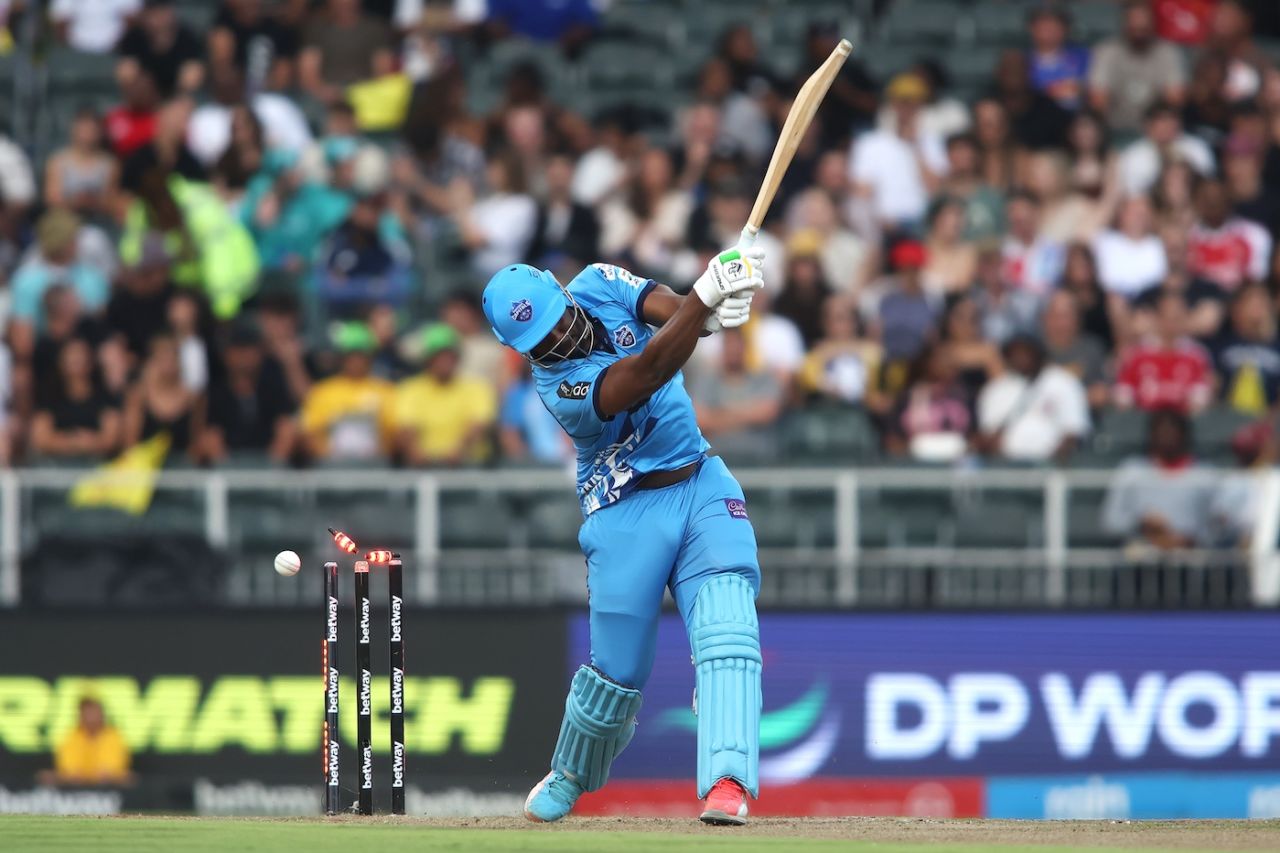 Andre Russell loses his stumps, Joburg Super Kings vs Pretoria Capitals, SA20, Johannesburg, January 17, 2026