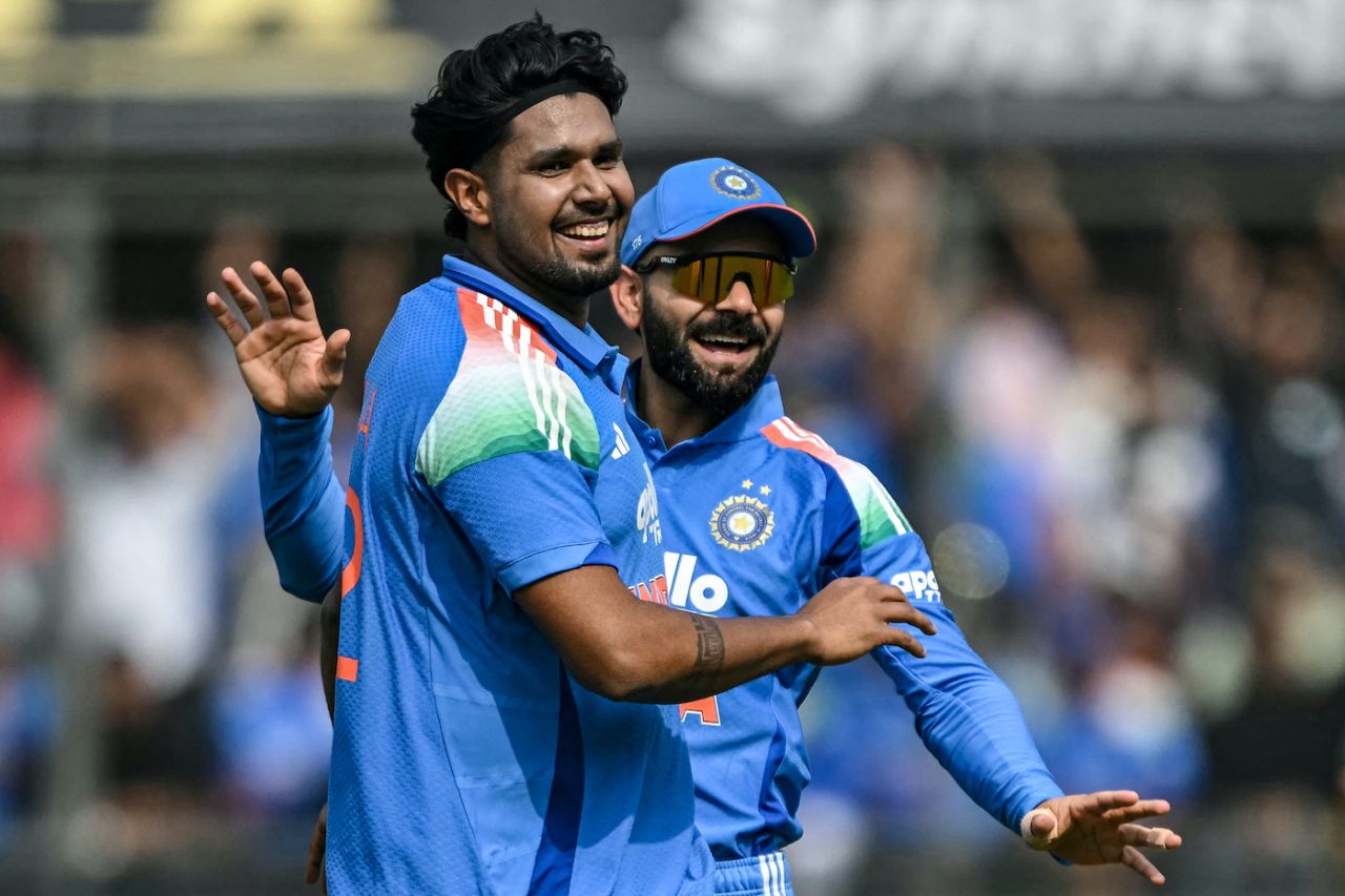 Harshit Rana and Virat Kohli celebrate Devon Conway's wicket, India vs New Zealand, 3rd ODI, Indore, January 18, 2026
