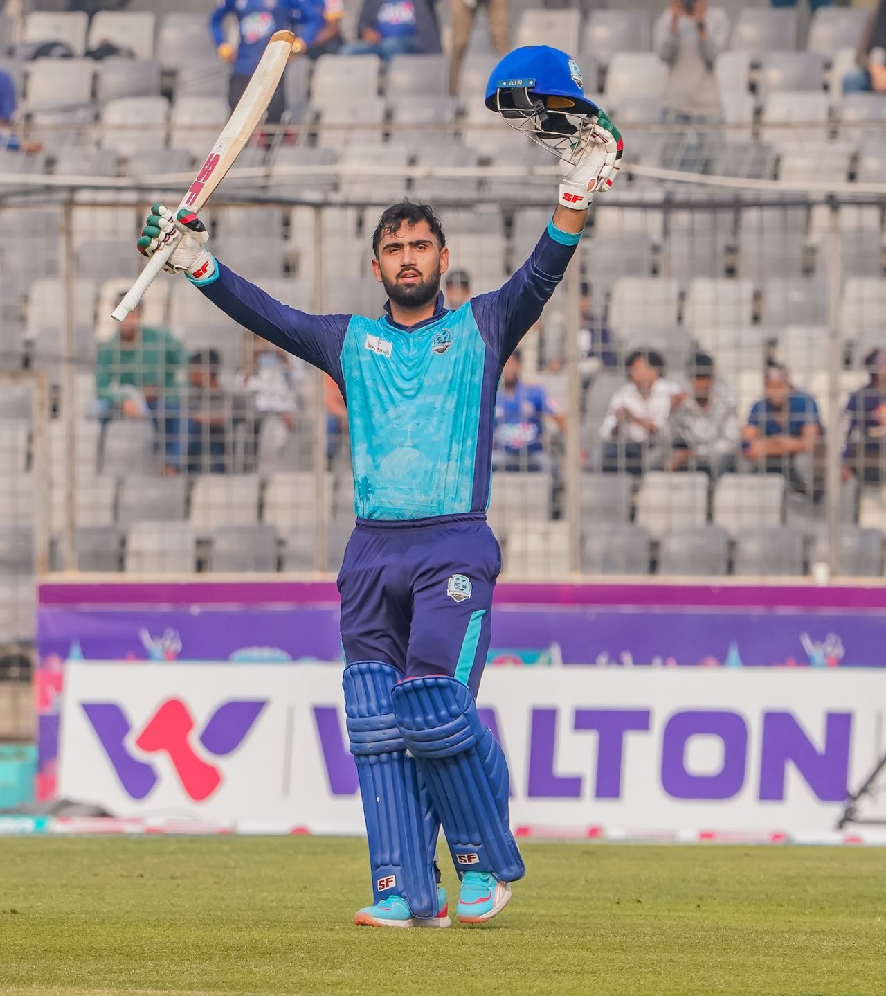 Hassan Eisakhil celebrates his hundred, Noakhali Express vs Rangpur Riders, BPL, Mirpur, January 18, 2026
