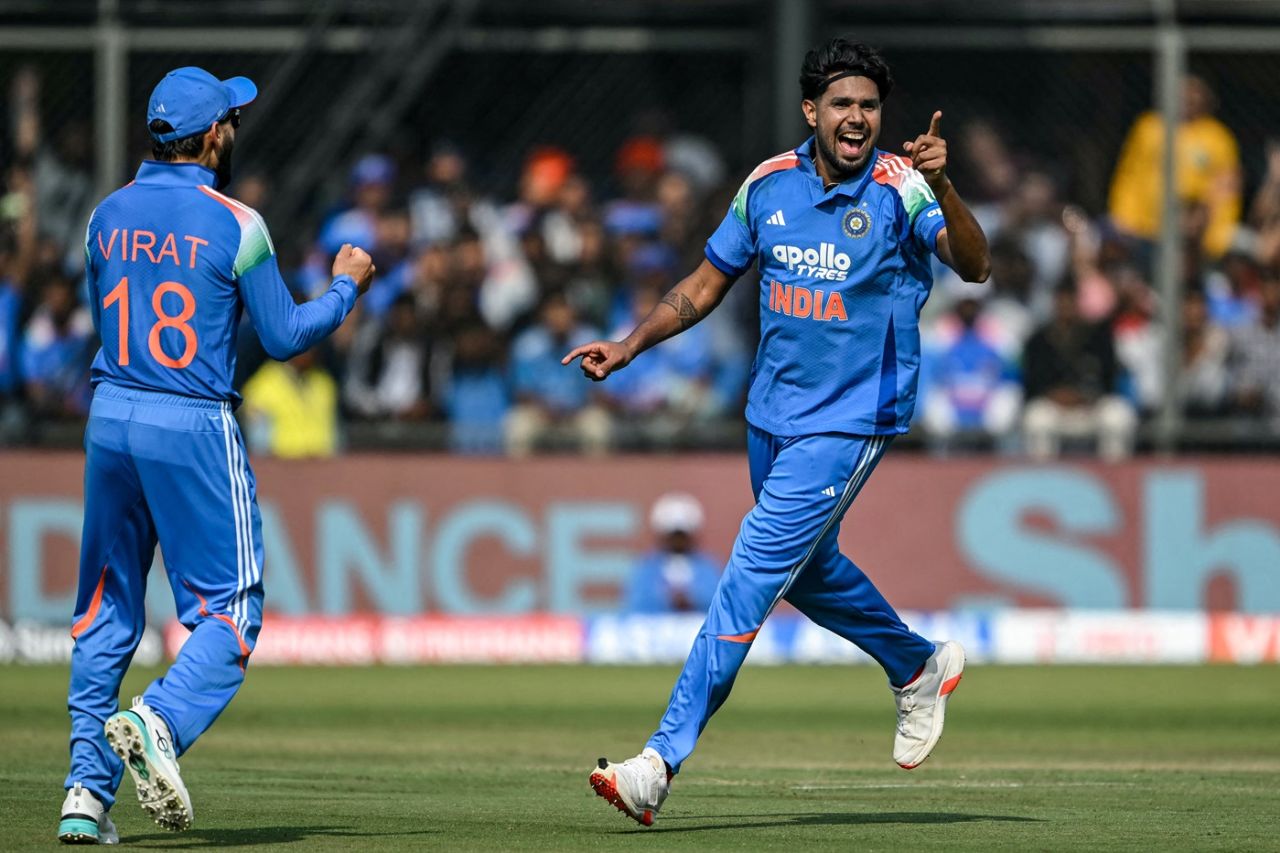 Harshit Rana celebrates after getting rid of Will Young, India vs New Zealand, 3rd ODI, Indore, January 18, 2026