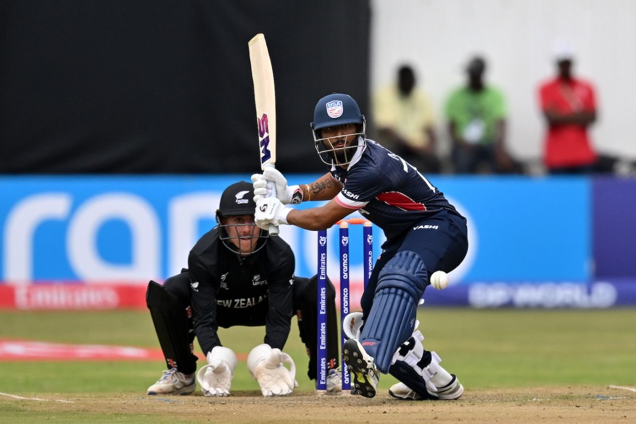 Nitish Sudini lines up to hit the ball, New Zealand vs USA, Under-19 World Cup, Bulawayo, January 18, 2026