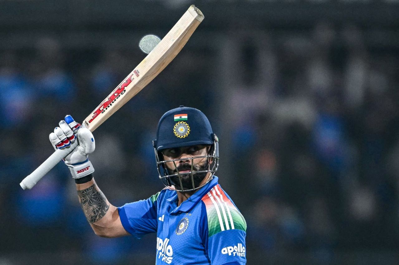 A quiet raise of the bat from Virat Kohli after yet another ODI century, India vs New Zealand, 3rd ODI, Indore, January 18, 2026