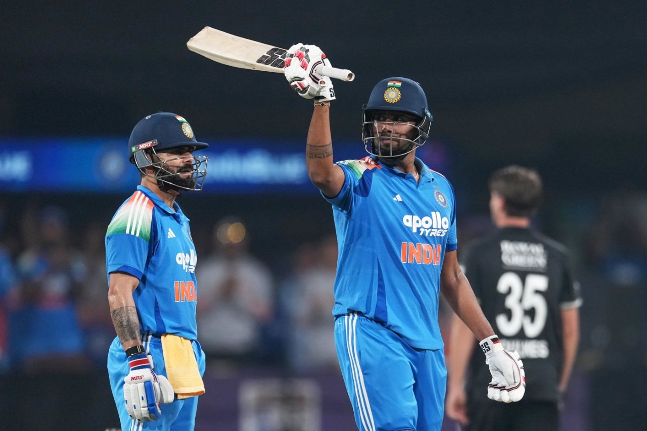 Harshit Rana celebrates his maiden fifty as Virat Kohli looks on, India vs New Zealand, 3rd ODI, Indore, January 18, 2026