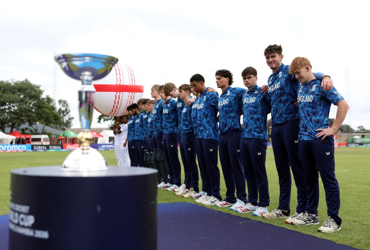 The England squad lines up next to the trophy, England vs Scotland, Under-19 World Cup, Harare, January 21, 2026
