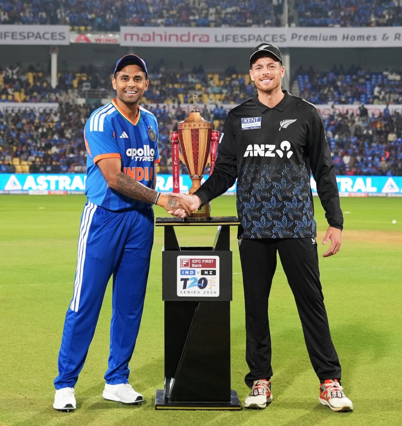 Captains Suryakumar Yadav and Mitchell Santner pose with the series trophy, India vs New Zealand, 1st T20I, Nagpur, January 21, 2026
