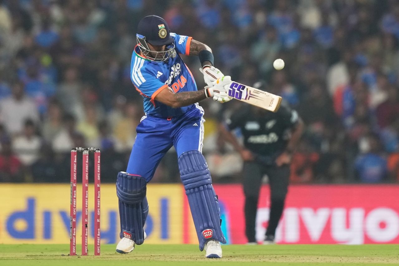 Suryakumar Yadav played his trademark pick-up shot early on, India vs New Zealand, 1st T20I, Nagpur, January 21, 2026